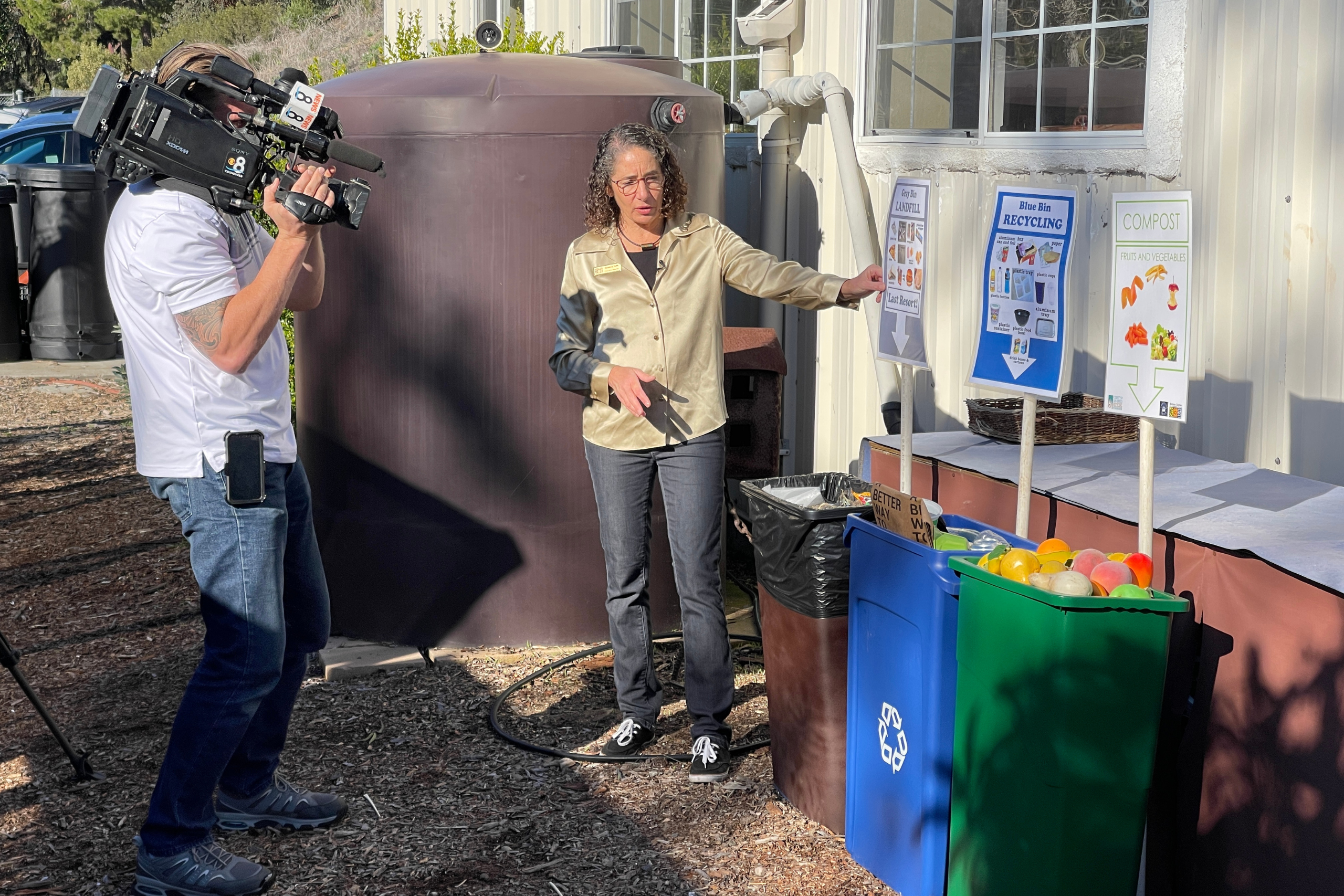 Jessica Toth, executive director at Solana Center for Environmental Innovation being interviewed by CBS 8 reporter Brian White on SB 1383 during media day at the center.