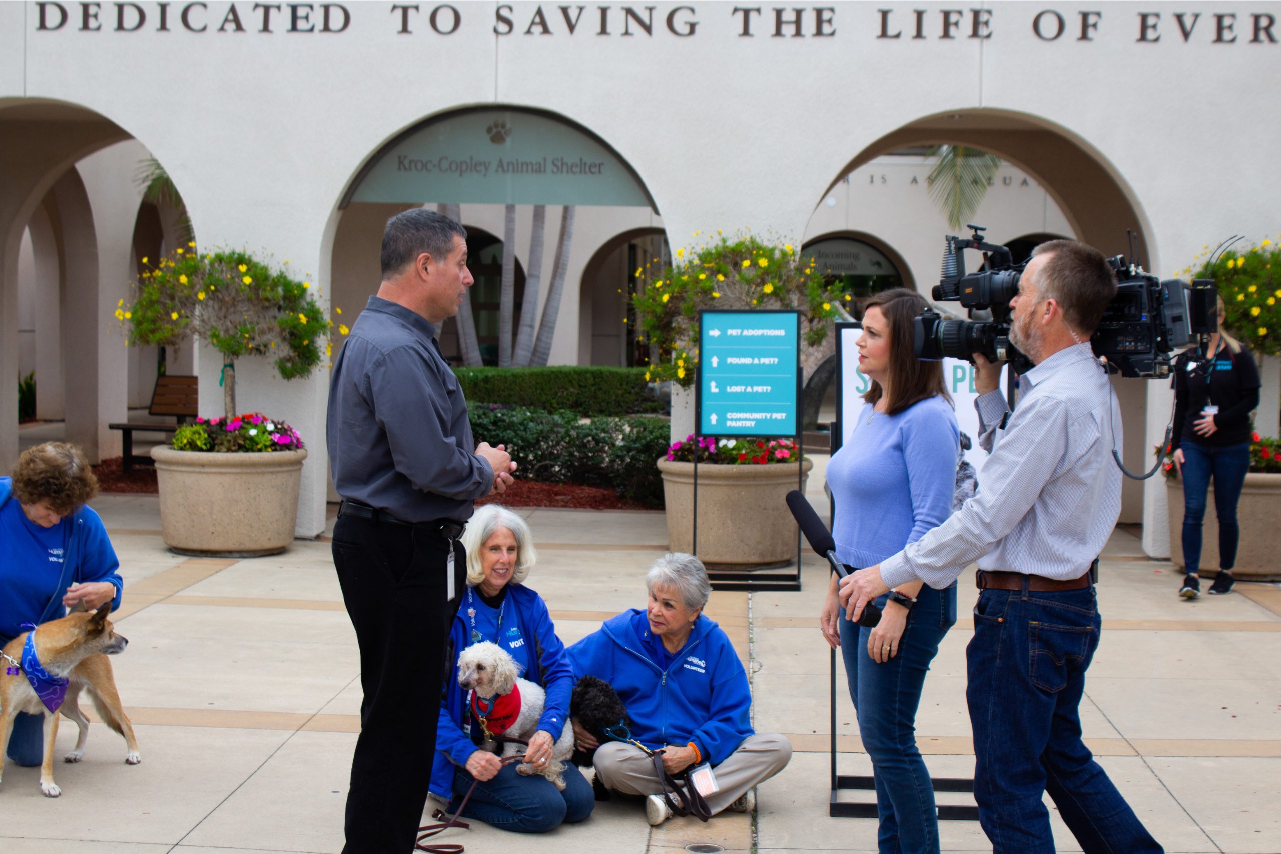 San Diego Humane Society, CEO, Gary Weitzman, being interviewed by a female reporter and male camera man outside the Kroc-Copley Animal shelter with shelter staff and dogs in seated in the background