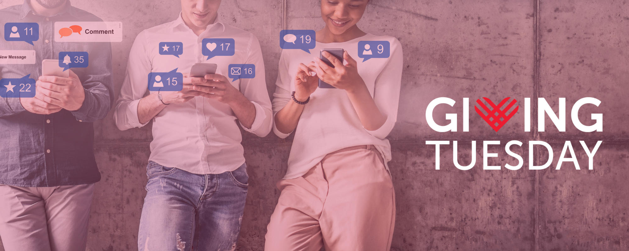 a group of people standing in front of a wall on their cell phones implementing giving tuesday social media marketing tips to boost engagement