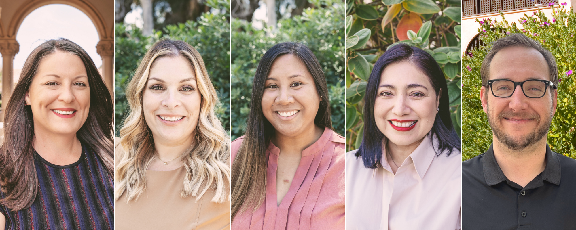 banner image with a grid of four women and one male headshots with greenary in the background